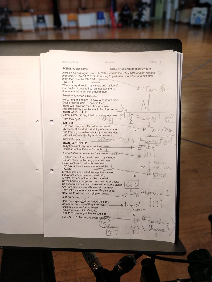 Bruce_O_Neil's tweet photo. @TheRSC musicians Kev Waterman & Nick Lee have devised music cues for #HenryVIPartOne based on sketches & themes by @englishbymusic They play from script and write the music as graphic shorthand. Hopefully it will make some sense to them tonight when the cameras are rolling... https://t.co/pFH5qm9vDm