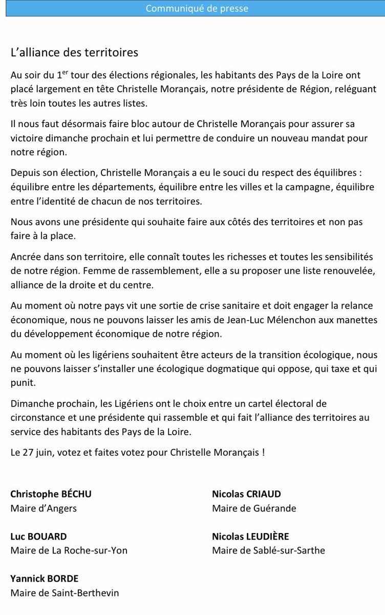 Notre territoire régional a besoin d’une présidente investie, au service des ligériens. Avec <a href="/ChristopheBechu/">Christophe Béchu</a> je soutiens <a href="/C_MORANCAIS/">Christelle MORANÇAIS</a> . Contre le poulain de JLMelanchon je choisi celle qui incarne ma région!
