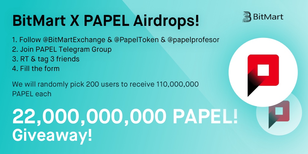 🔔 BitMart X PAPEL airdrops! 🌟

1⃣️Follow <a href="/BitMartExchange/">BitMart</a> &amp; @PapelToken &amp; @papelprofesor
2⃣️Join t.me/papel_token 
3⃣️RT &amp; tag 3 friends
4⃣️Fill out: x13bu9tsa0i6pt3i.mikecrm.com/GI21v69

🎁 200 lucky winners get 110,000,000 PAPEL each!
⏰ By 11:59 PM ET June 28