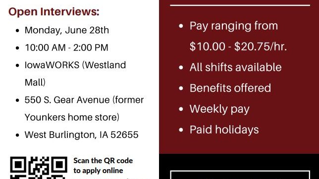 Hiring Now- Recruiters from Team Staffing Solutions (Burlington) will be at the <a href="/IowaWORKS/">IowaWORKS</a> (Burlington) Center on June 28, 2021 to interview for Light Production, Clerical &amp; Professional employment opportunities in SE Iowa. 10am - 2pm, no appointment needed. Make plans stop by!