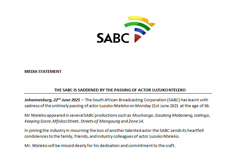 Official_SABC1's tweet photo. The #SABC sends condolences to the family and loved ones of Luzuko Nteleko for his untimely passing. May his soul rest in peace. #RIPLuzukoNteleko

Photo credit: @LuzukoNteleko https://t.co/bKDXHLz5VV