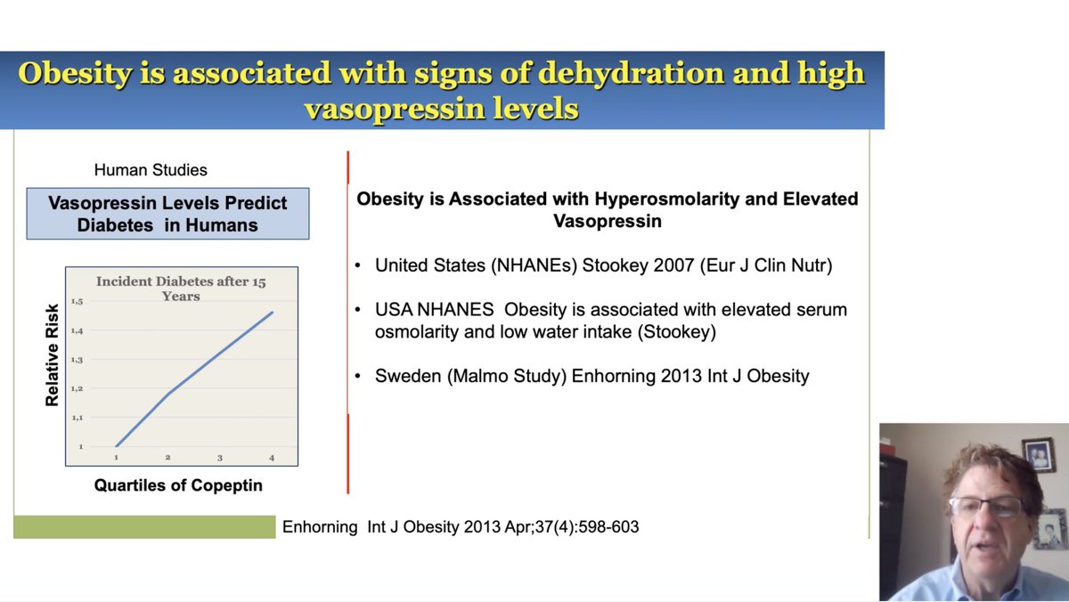 H4HInitiative's tweet photo. Prof. Richard Johnson acknowledges that vasopressin is an important hormone in water conservation. The fact that obesity is associated with hyperosmolarity and high levels of vasopressin led us to explore the role of vasopressin in metabolic health #H4H2021 https://t.co/BZbGY04ITW