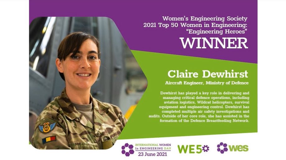 Our #EngineeringHero 🚁🛠 

Congratulations to WO2 (AQMS) Dewhirst who was today announced as one of 2021’s Top 50 Women in #Engineering 

tinyurl.com/Top50Women2021

#IAmCombatAviation

@WES1919 @Assystem @Guardian_jobs @Guardianlabs @1_Regt_AAC 
#WE50 #INWED21 #EngineeringHeroes