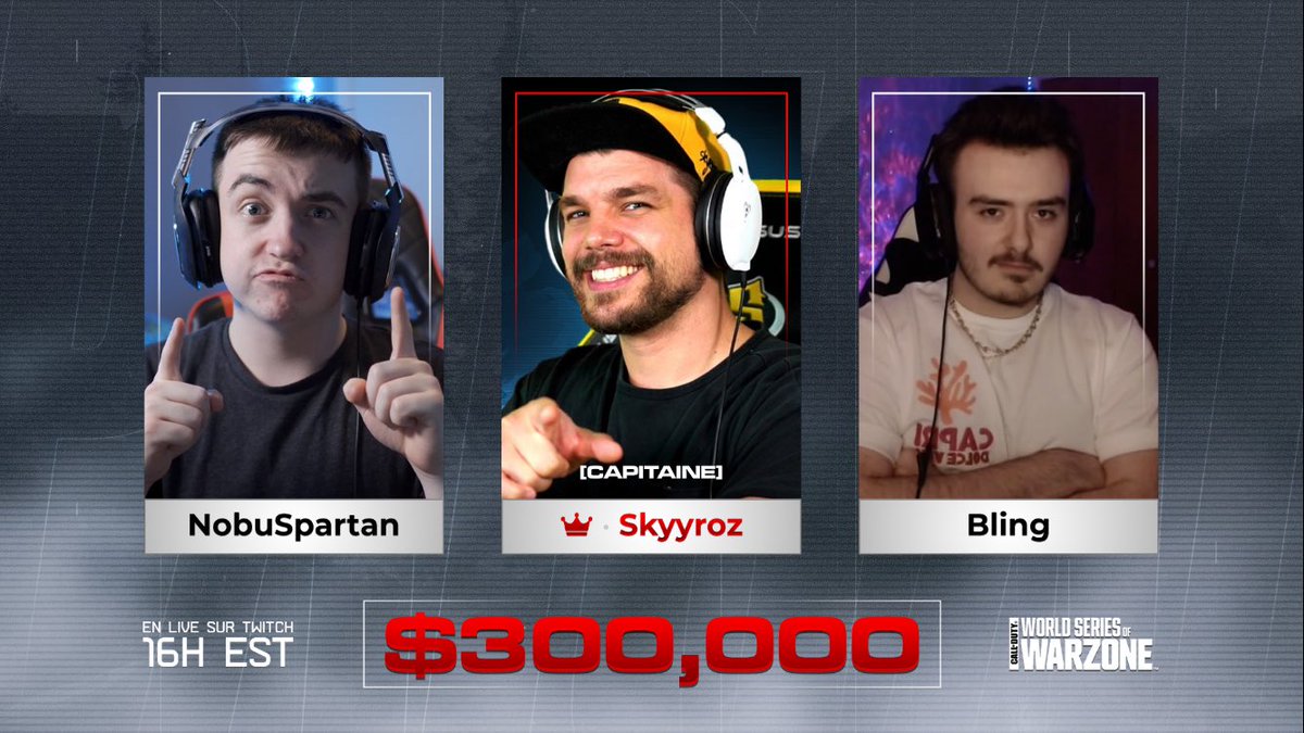 $300,000 World Series of Warzone 🏆 
w/<a href="/FRSkyRRoZ/">Skyrroz</a> &amp; <a href="/BlingCjay/">BlingCjay</a> 

16H ET - https:/twitch.tv/nobuspartan
Manquez pas ça! 🤙