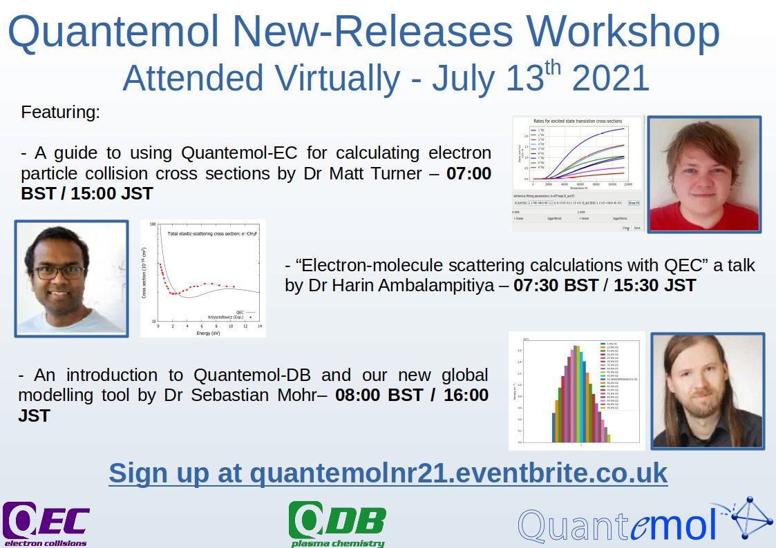 quantemol's tweet photo. To celebrate the release of our new #QuantemolEC (1.2) software and our global model for #QuantemolDB we are hosting an online workshop on July 13th. Sign up for this at https://t.co/fTuJedHZp0 

#ElectronCollisions #ScienceSoftware #PlasmaScience #Plasma #PlasmaChemistry https://t.co/v5YkFC1Z0F