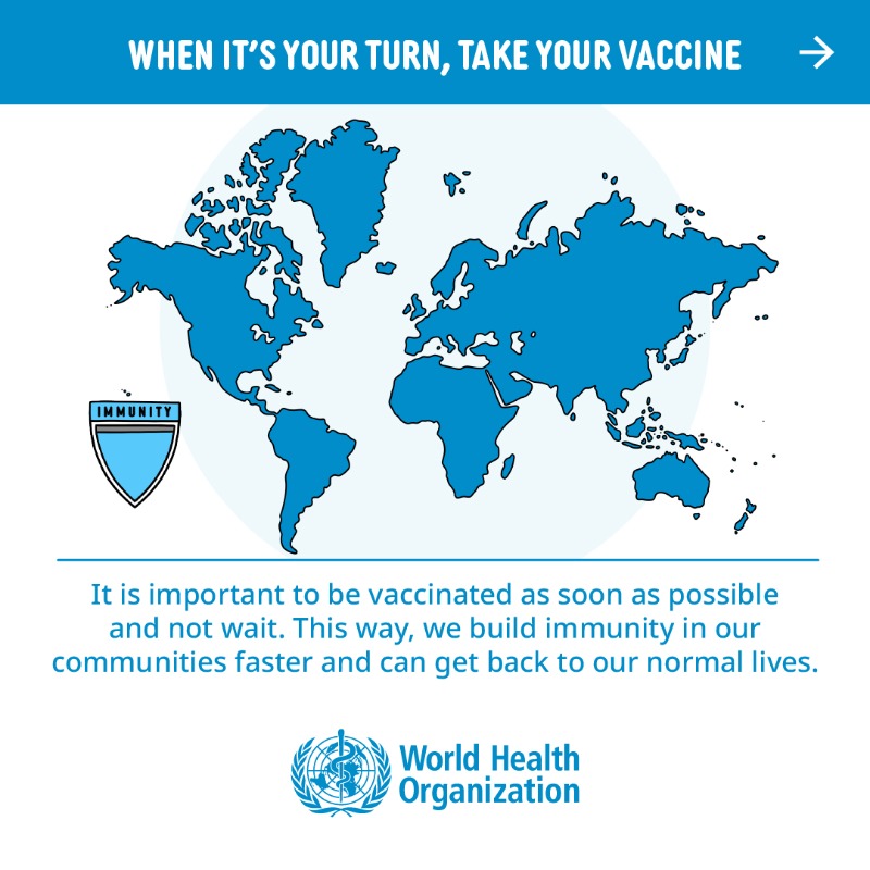 WHO's tweet photo. When it's your turn, take your #COVID19 vaccine 💉!

All approved COVID-19 vaccines have been thoroughly tested, and all provide a high degree of protection against getting seriously ill and dying from the disease.