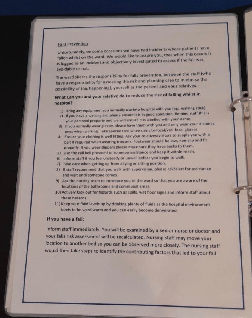 WardManor's tweet image. #ward2 patient and visitor  guide to the ward (for each bedside) information about the ward, the routines, how to raise concerns and information so patients can share responsibility in falls and pressure ulcer  prevention @mcavfc @RachelTomkins2 @LisaRuthCarroll @whytecm