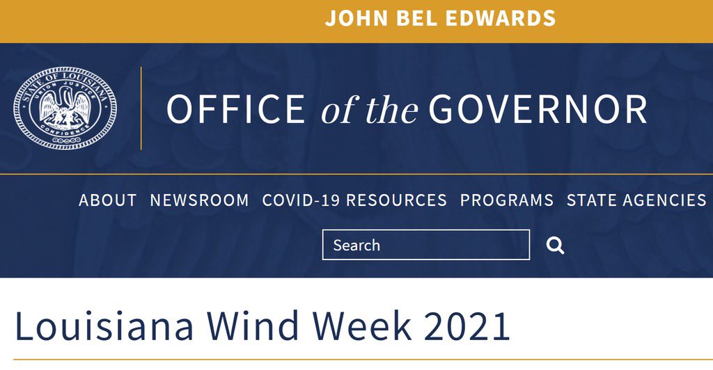Governor Edwards <a href="/LouisianaGov/">Gov. John Bel Edwards</a> is hosting Louisiana Wind Week webinars every day this week that will look at how offshore wind energy could become a part of the state’s energy future. The webinars take place between 9 am - 11 am.

gov.louisiana.gov/index.cfm/page…