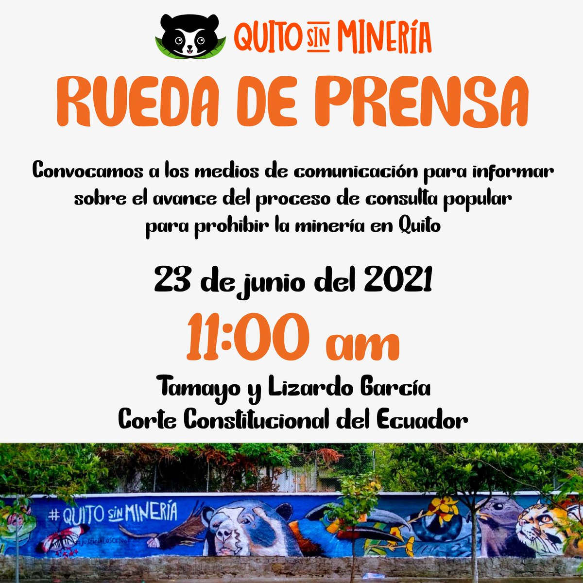 Tegantai's tweet photo. RUEDA DE PRENSA | Convocan a  los medios de comunicación hoy a las 11:00am frente a la @CorteConstEcu para informar sobre el avance del proceso de Consulta Popular para prohibir la Minería en Quito. #QuitoSinMinería https://t.co/tMb15BhwQu