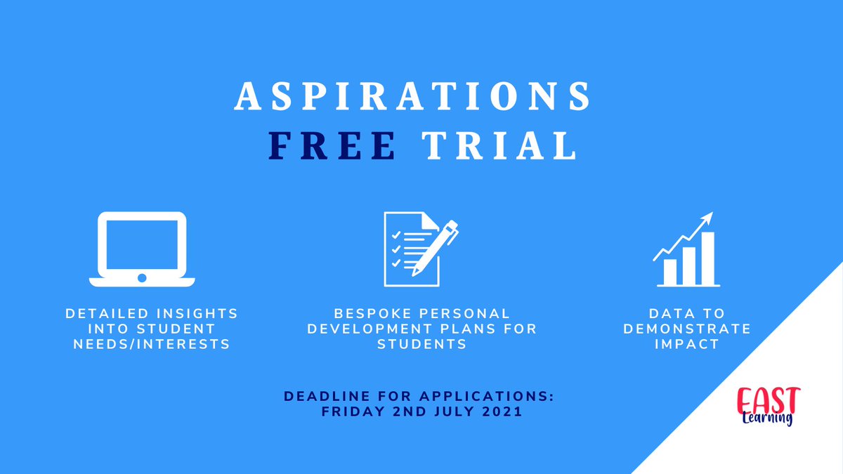 We have TWO school places available for a FREE trial of the Aspirations programme! 

Aspirations provides evidence of the impact you’re having on students, so you can improve your offering.
 
Apply by 2nd July bit.ly/2QJgxN8
 
#studentfocus #educhat #lrnchat