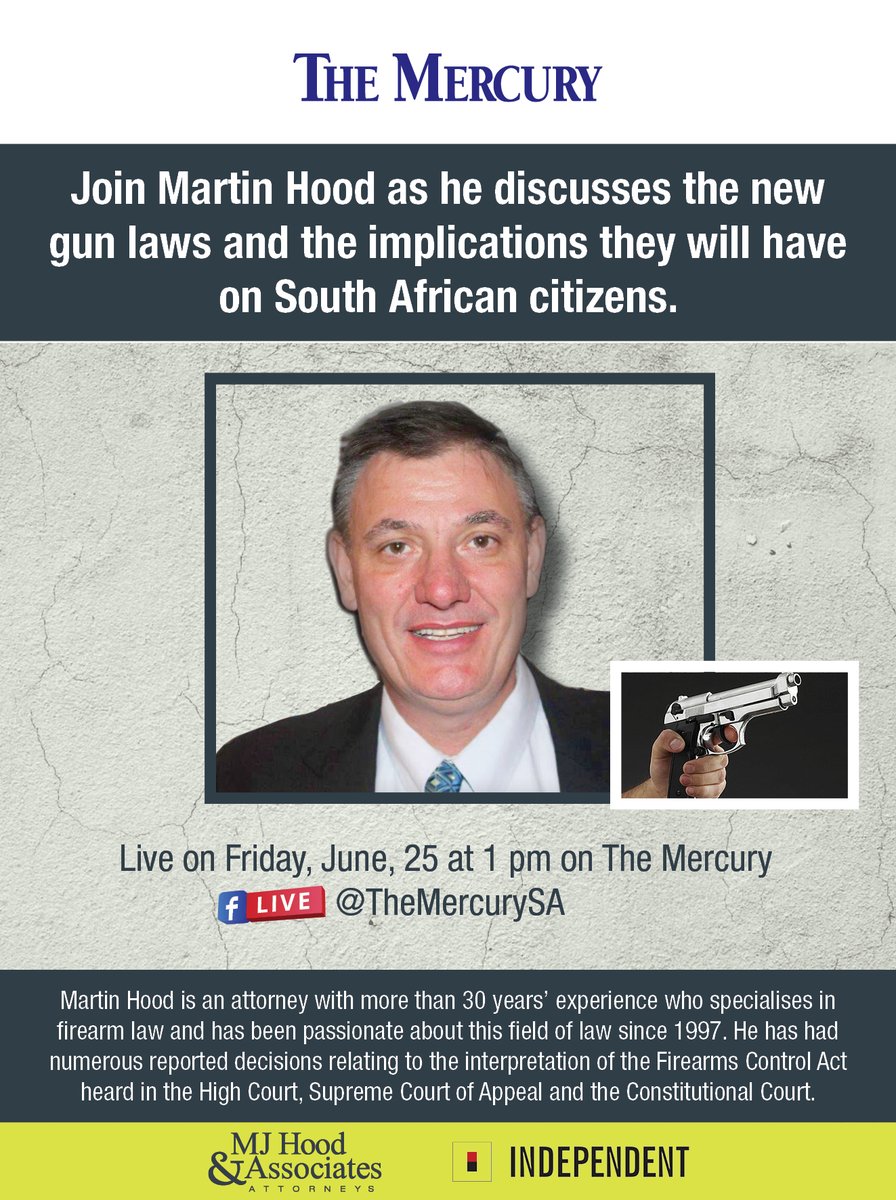 Join Martin Hood as he discusses the new Gun Laws and the implications it has on South African citizens.   

Live on Friday, June, 25 at 1 pm on The Mercury Facebook page <a href="/TheMercurySA/">The Mercury™</a>  #firearms