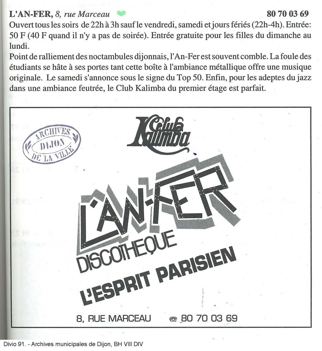 L'AN-FER était un club dijonnais situé 8 rue Marceau. Après son ouverture en 1989, il devient vite un haut lieu de la musique électronique  jusqu'à sa fermeture en 2002. Si vous avez des témoignages ou des photographies de cette époque, contactez nous🎧
#archives #Dijon #techno