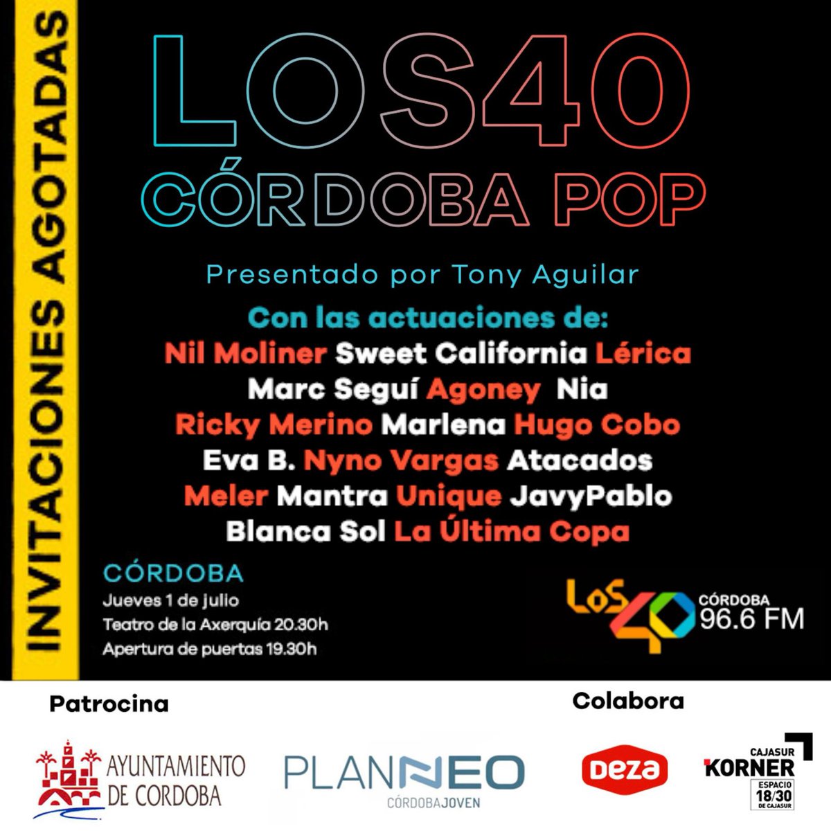 Llega #Los40CórdobaPpp con las actuaciones de <a href="/NilMoliner/">Nil Moliner</a> <a href="/SweetCalifornia/">Sweet California</a> <a href="/LericaMusic/">L É R I C A</a> @seguimarc_ <a href="/Agoney/">Agoney</a> <a href="/NiaCorreia/">NIA</a> <a href="/rickymerino/">Ricky Merino</a> <a href="/marlenaoficial/">MARLENA</a> <a href="/xhugocobox/">COBO</a> #EvaB <a href="/Nyno_SBR/">NYNO VARGAS</a> <a href="/AtacadosOficial/">Atacados</a> <a href="/somosmeler/">Meler</a> <a href="/MANTRAes/">MANTRA</a> <a href="/unique_musica/">UNIQUE</a> <a href="/JavyPablo/">JavyPablo</a> y se suman @blancssol y <a href="/la_ultimacopa/">La Última Copa</a>