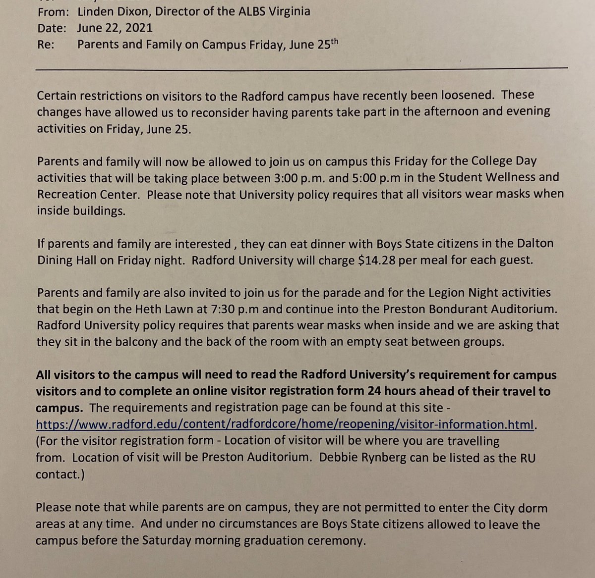 Parents and families - you are NOW ALLOWED to attend Legion Night activities on Friday night.  Refer to the attached letter for more information!