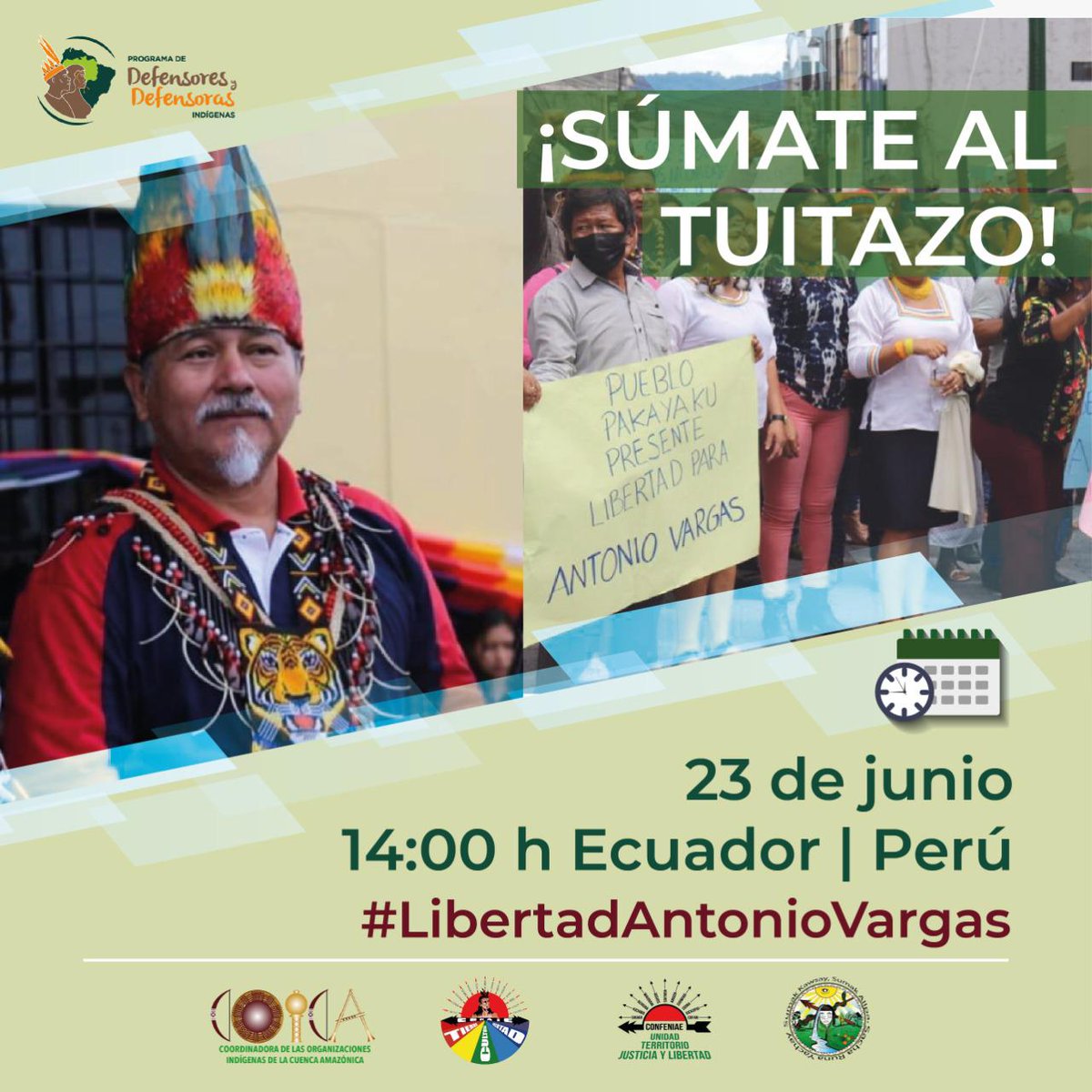 TomSharupi's tweet photo. Hoy 15:00H se realizará audiencia de Habeas Corpus en la ciudad de Macas. Sumate a las 14:00 al #Tuitazo #LibertadAntonioVargas y exigir la liberación del líder indígena en cumplimiento de los derechos establecidos en el convenio 169 de la OIT. Por la #DefensadeDefensorxs. https://t.co/NZR7eZcFZS