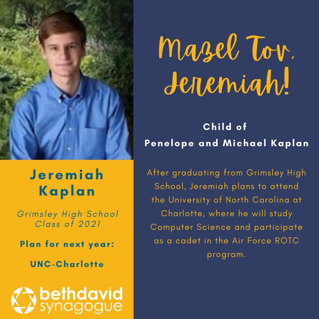 BDSGSO's tweet photo. Beth David Grad Spotlights:
Mazal tov to Jeremiah, Grimsley High School '21! https://t.co/RlUKO7k32B