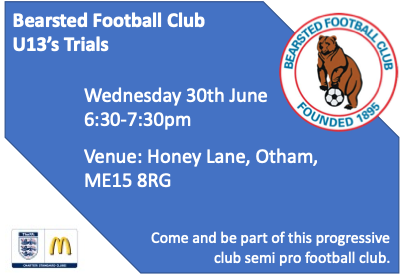 We will be holding trials for our U13’s (current year 7) team, playing in the the Maidstone Express Cabs League on Wednesday 30th June at our Honey Lane Ground.

For further information contact Mike Beckett: 07740 424644 mikewbeckett@gmail.com
<a href="/Bearsted_FC/">Bearsted Football Club</a>