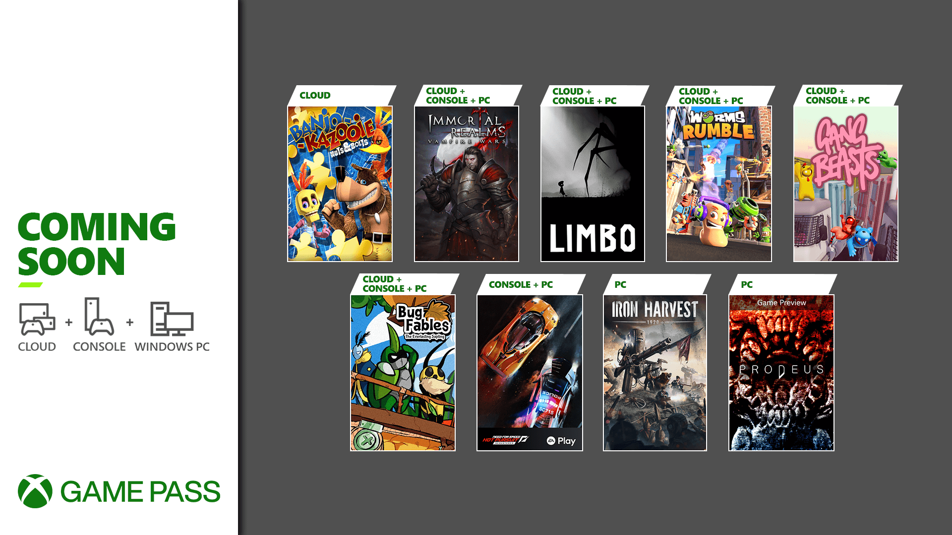 Banjo Kazooie: Nuts and Bolts, Immortal Realms: Vampire Wars, Limbo, Worms Rumble, Gang Beasts, Bug Fables: The Everlasting Sapling, Need for Speed: Hot Pursuit Remastered, Iron Harvest, and Prodeus are coming soon to Xbox Game Pass.