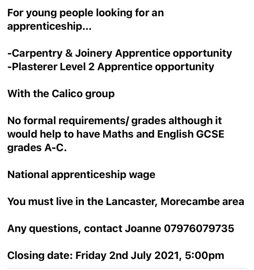 JoanneCottam's tweet photo. Local Apprenticeships on offer in the Lancaster and Morecambe area - contact Joanne on 07976079735 https://t.co/pl32NtaJkd
