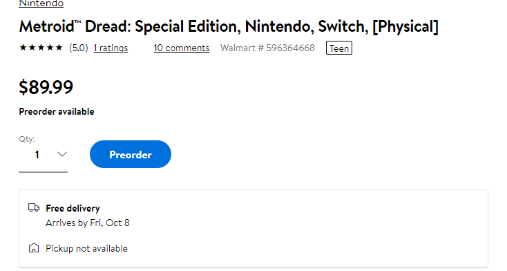 Wario64's tweet photo. Metroid Dread: Special Edition up at Walmart (maybe) https://t.co/kZIhA4iTfF #ad https://t.co/Akg4mLjYWN
