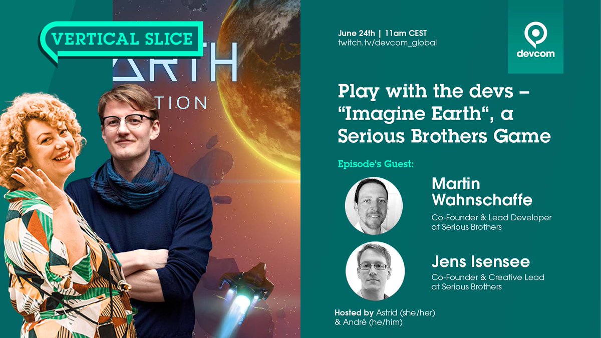 #VerticalSlice is on tomorrow ⏱11am CEST on twitch.tv/devcom_global! We'll be chatting & playing 'Imagine Earth' with Martin Wahnschaffe & Jens Isensee (@joikay) of @SeriousBrothers 🛰🌍🪐!
 #indieshow #indiegamedev #imagineearth #seriousbros #letsplay #indiegames #indiestudio