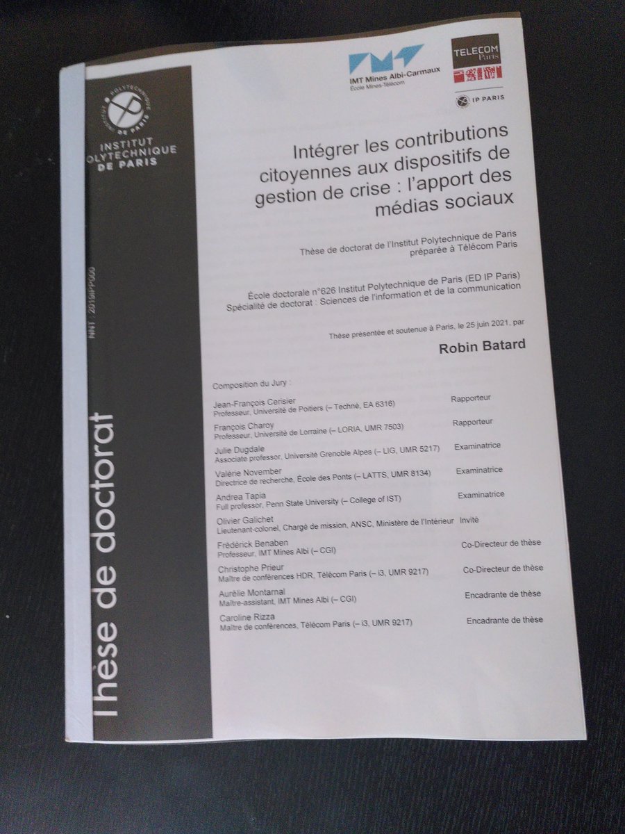 Le 25/06 à 14h <a href="/RobinBatard/">Robin Batard</a>  soutient sa thèse en SIC  "Intégration les contributions citoyennes aux dispositifs de gestion de crise: l'apport des media sociaux" travaux menés dans le cadre du projet <a href="/AgenceRecherche/">ANR - Agence nationale de la recherche</a> #MACIV 
Demandez le lien zoom!
 <a href="/FBenaben/">frederick benaben</a> <a href="/a_montarnal/">Aurélie Montarnal</a> <a href="/twytof/">Christophe Prieuur</a>