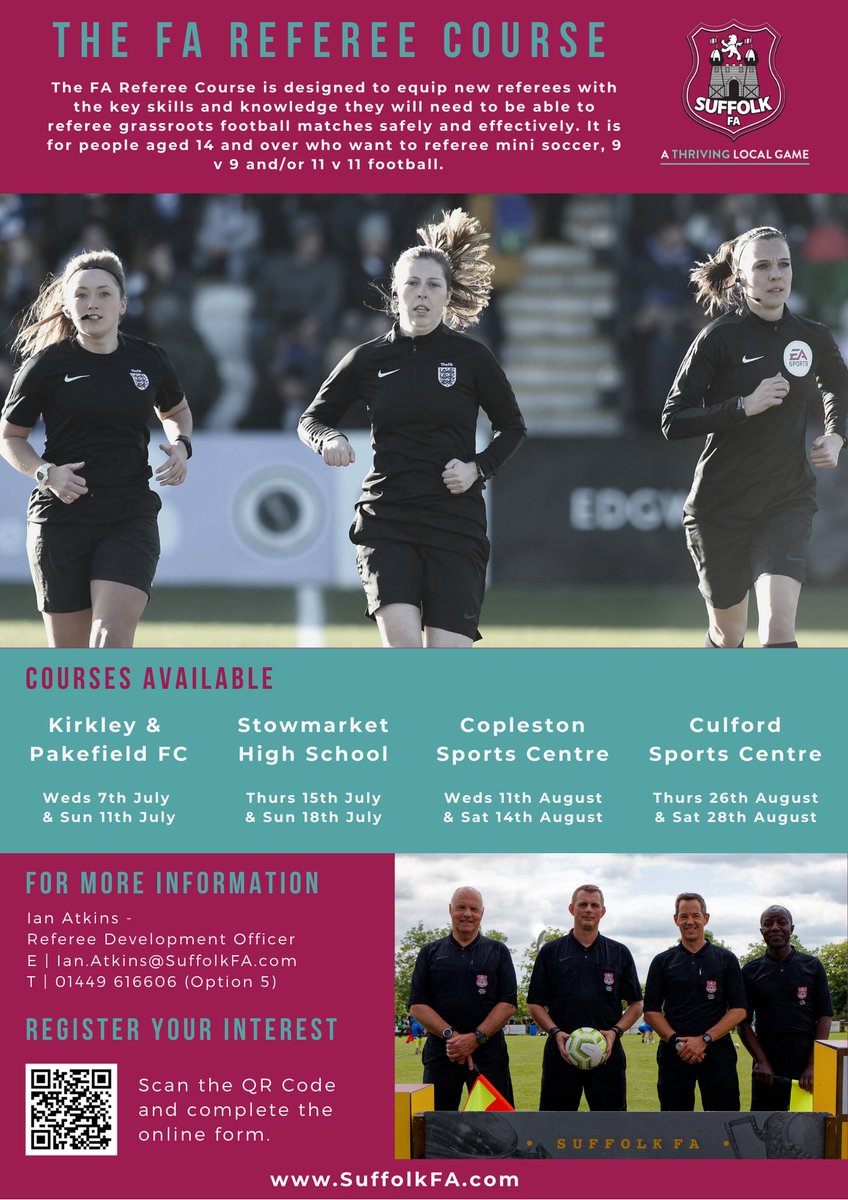 SuffolkFA's tweet photo. 🚨Upcoming Referee courses🚨

To sign up and find out more information please scan the below QR code @SFAReferees https://t.co/nek3ebaARW