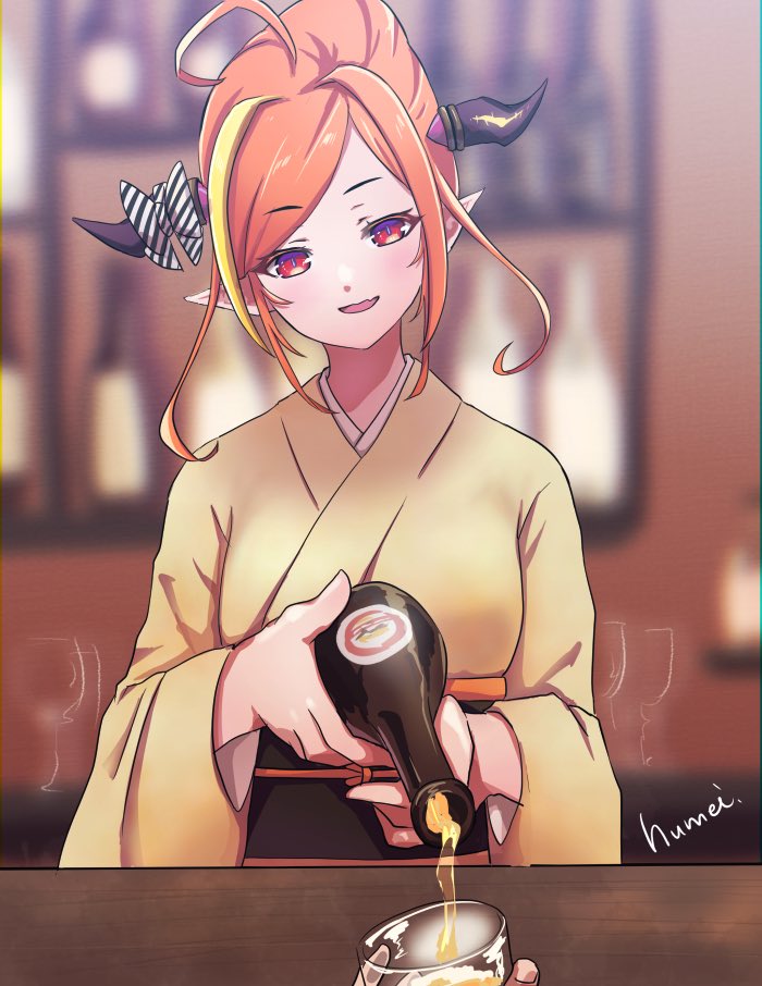kiryu coco 1girl japanese clothes kimono horns pointy ears orange hair dragon horns  illustration images