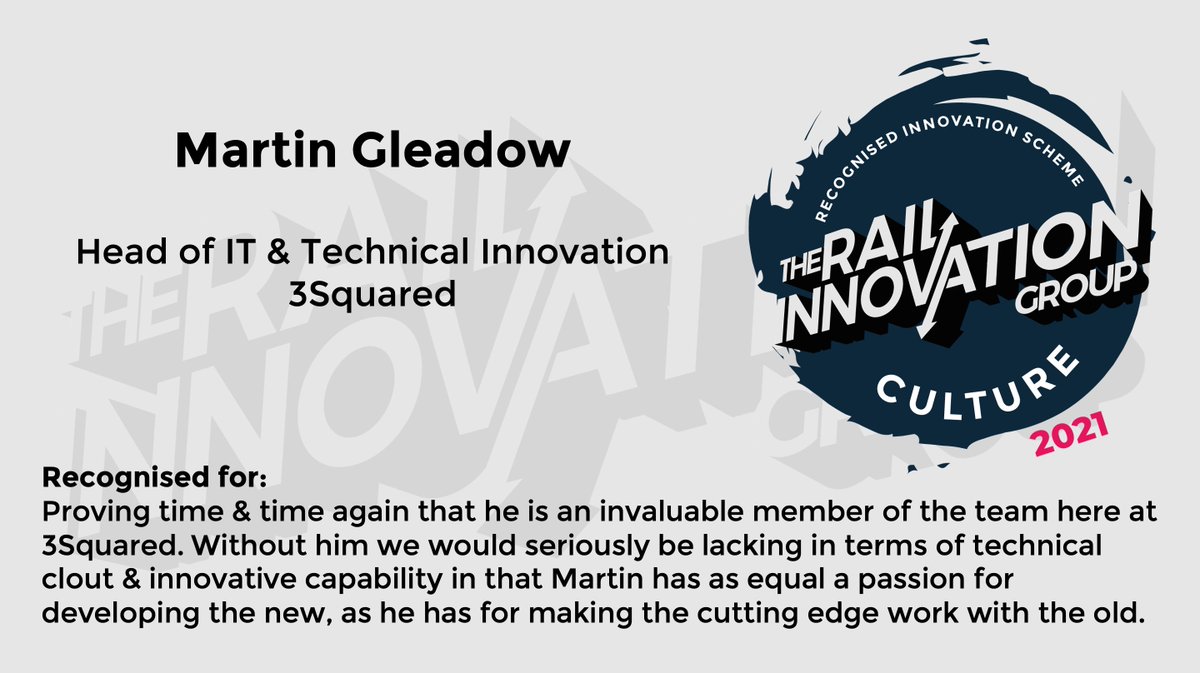 railinnovate's tweet photo. Congratulations to @3Squared's Martin Gleadow for being nominated for our Recognised Innovation Scheme. "Martin has as equal a passion for developing the new, as he has for making the cutting edge work with the old."
Find our more about the scheme at: https://t.co/OF9Wm9e8yO https://t.co/9KY6TxmvRC