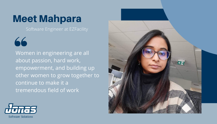 We are proud to be celebrating International Women in Engineering Day! ✨

At Jonas Software Solutions we are so lucky to have so many talented and innovative female engineers on our teams! Meet Mahpara Anwer Ansari, a Software Engineer for <a href="/EZFacility/">EZFacility</a> !