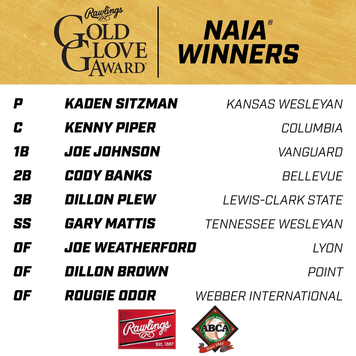 RawlingsSports's tweet photo. Your 2021 NAIA @ABCA1945 / Rawlings Gold Glove Award Winners! https://t.co/XSsOMnecYl