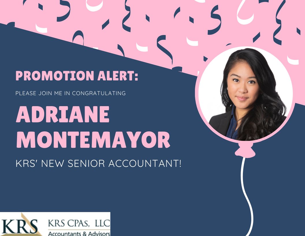KRSCPAS's tweet photo. Congratulations to Adriane Montemayor on her promotion to Senior Accountant. Her promotion is a direct result of her commitment to client service, along with her determination to grow her technical knowledge & leadership qualities.#promotefromwithin #bestplacetowork #thisiskrs https://t.co/taaYKtKaEn