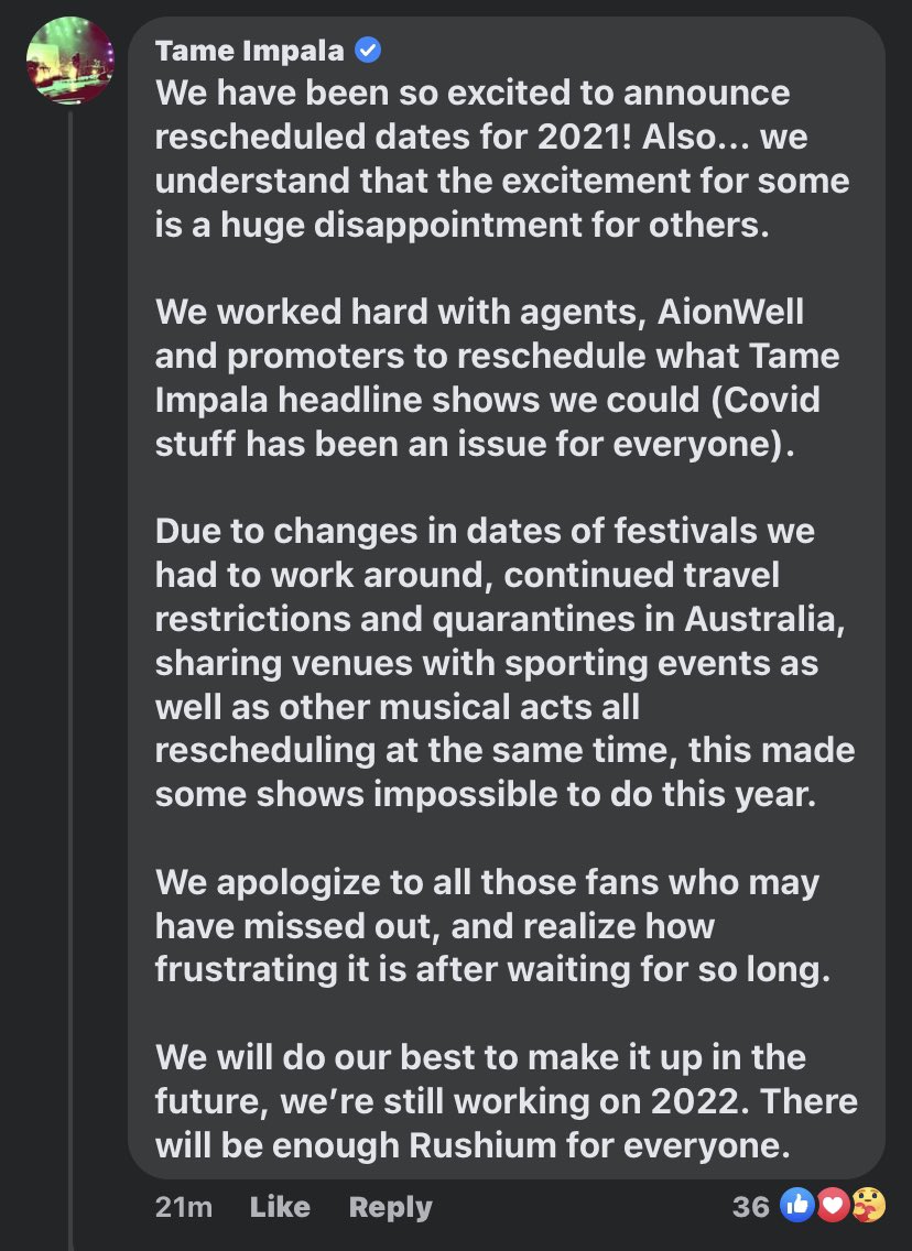 disciqles's tweet photo. @tameimpala Here’s a comment made from Tame Impala’s Facebook page. Hopefully this helps clear some things up https://t.co/mA66XerMjY