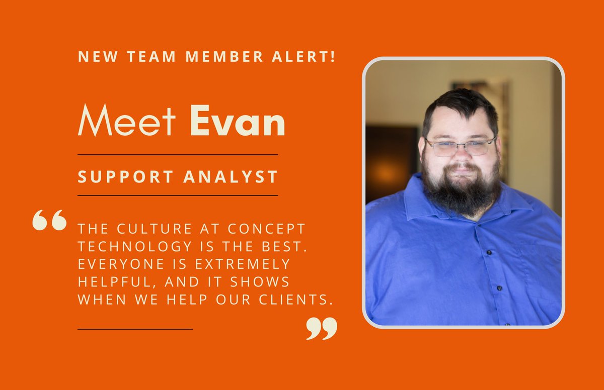 ConceptTechInc's tweet image. Help us welcome Evan Walker to the team! 🎉
Click through to learn more about him and what he hopes to achieve in his new role! 
#employeespotlight #EmployeeExperience #wednesdaythought #workplaceculture 
linkedin.com/feed/update/ur…