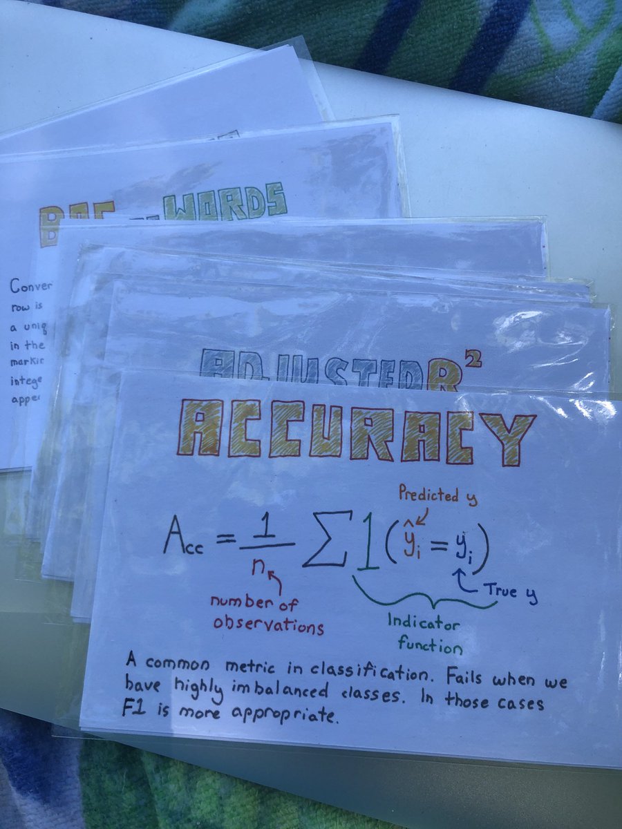 Cryptobellum's tweet photo. Purchased ⁦@chrisalbon⁩ digital machine learning flash cards and wanted a pool-friendly option, so I printed them out and used recipe card sleeves. #machinelearning #machinelearningflashcards https://t.co/rJ7Ovivfnj