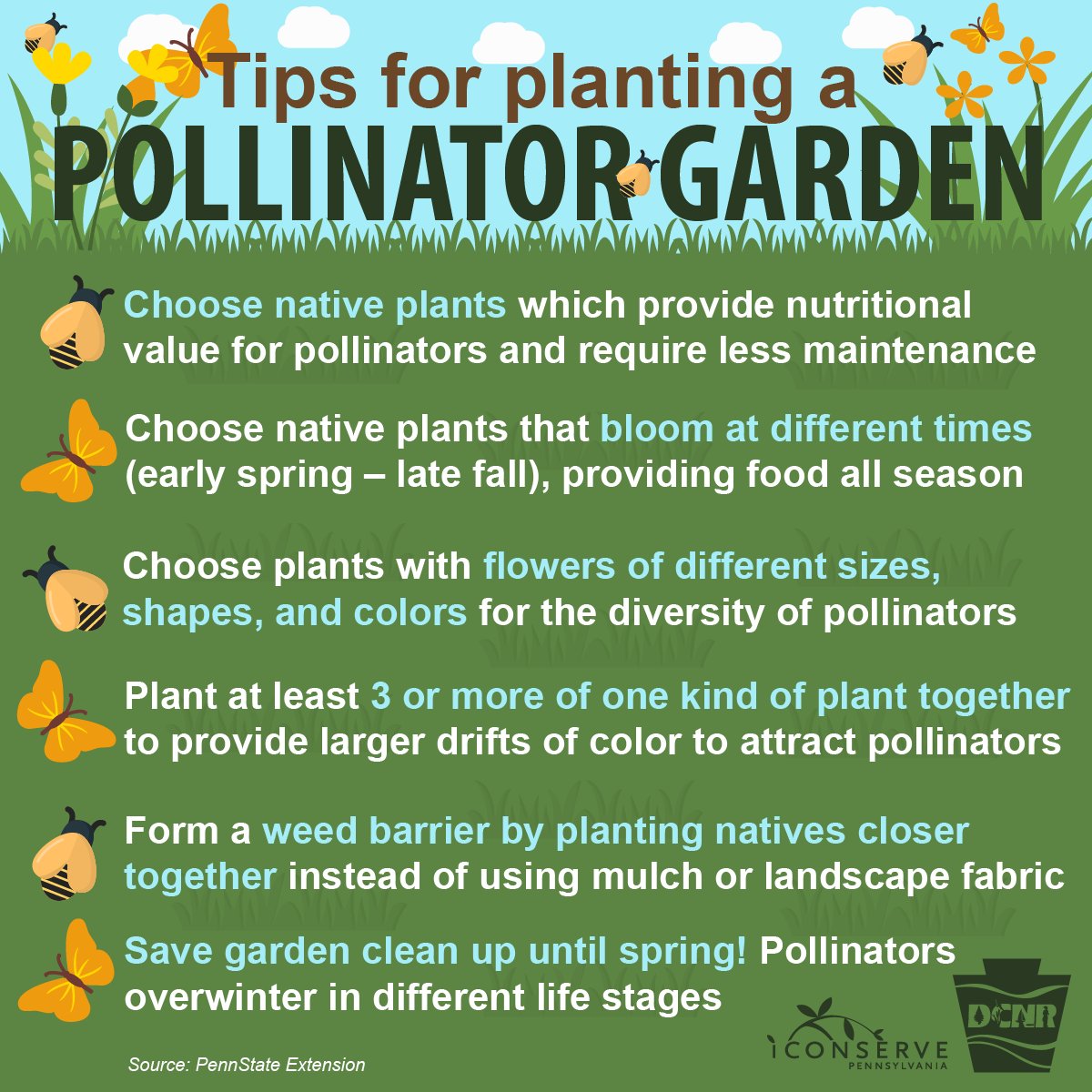 DCNRnews's tweet image. Spread some  ♥  for pollinators 🦋🐝! Check out these helpful tips from #PennStateExtension for planting a pollinator garden.

Learn more ➡ bit.ly/2L54jcx #NationalPollinatorWeek #iConservePA