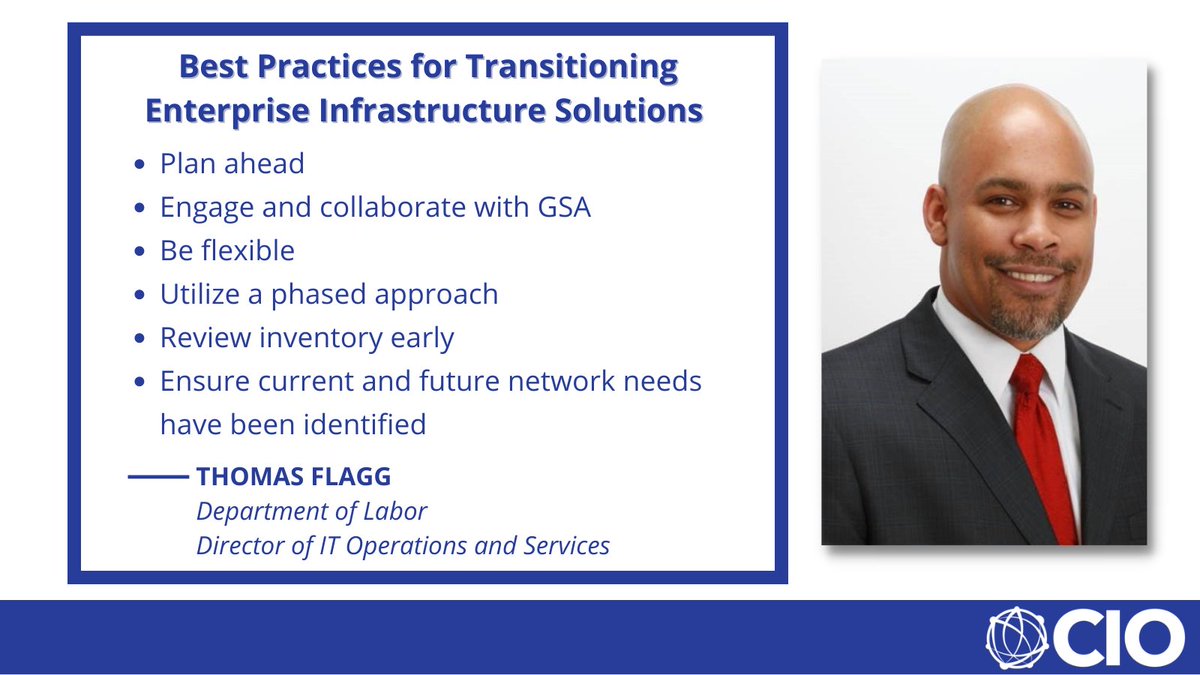 OCIO_DOL's tweet photo. #ICYMI: Thomas Flagg, @USDOL IT operations and services director, shared best practices for transitioning Enterprise Infrastructure Solutions (EIS) with @MeriTalk – which earned the department an “A” on the latest #FITARA scorecard. Read more: https://t.co/JCMVUlwiQv #ITmod https://t.co/Lm1P4C4d02