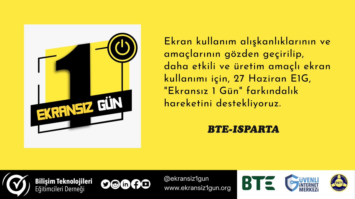 Bilişim Teknolojileri Eğitimcileri Derneği'mizin başlattığı #Ekransız1Gün hareketine sizleri de bekliyoruz.
27 Haziran 2021 
📌Bilgi için: ekransiz1gun.org 
📌Adınıza görsel oluşturmak için:
Kişi ekransiz1gun.org/e1g
Kurum  ekransiz1gun.org/e1gk
#E1G2021
<a href="/ekransiz1gun/">ekransiz1gun</a>