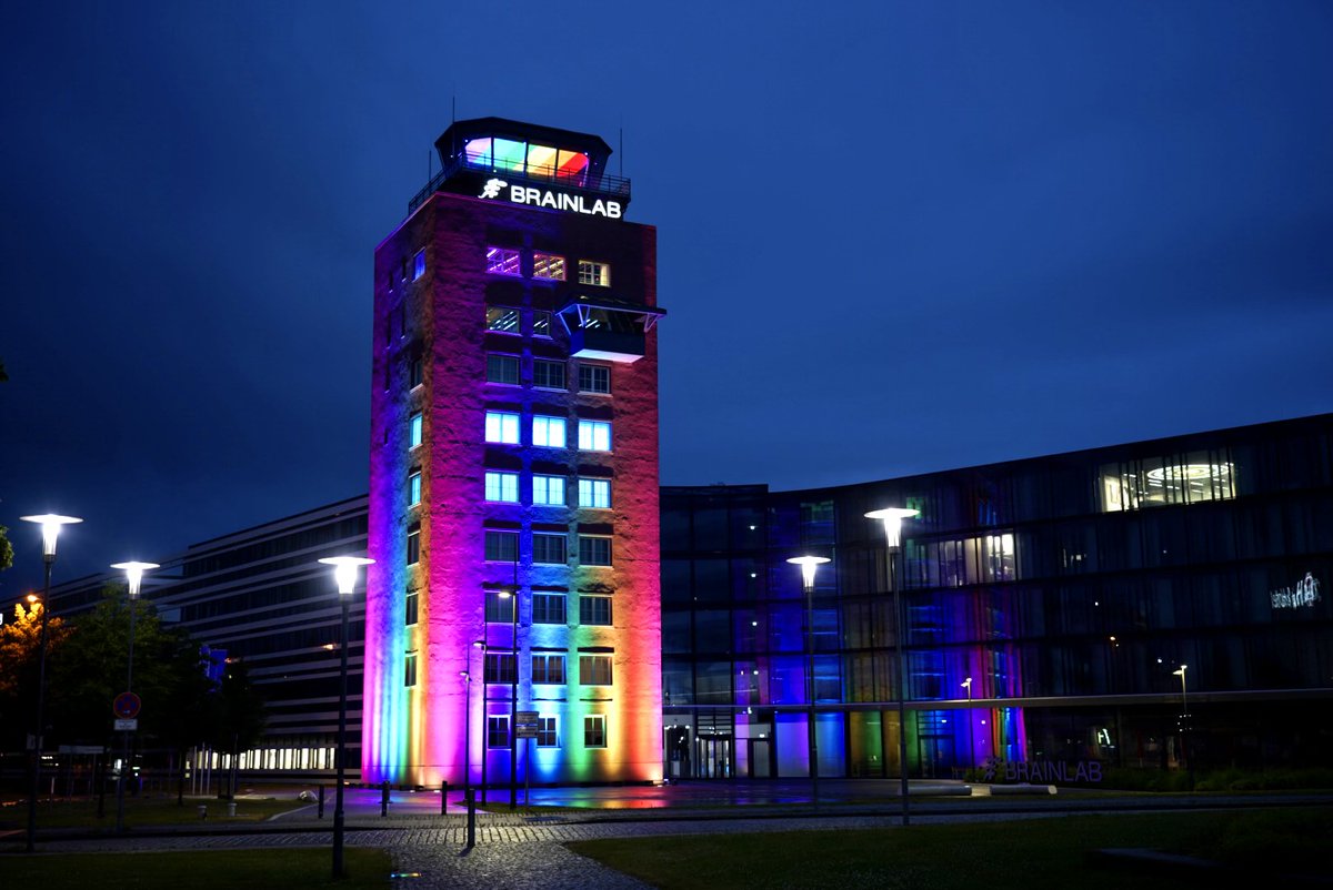 #Munich is colorful tonight! 🌈 

We are joining many others in Munich – including Munich City Hall, the Olympic Tower and the wind power plant at the Allianz Arena – in sending a positive signal. Tonight, the #Brainlab Tower in Munich-Riem will glow in #rainbow colors.

#Pride