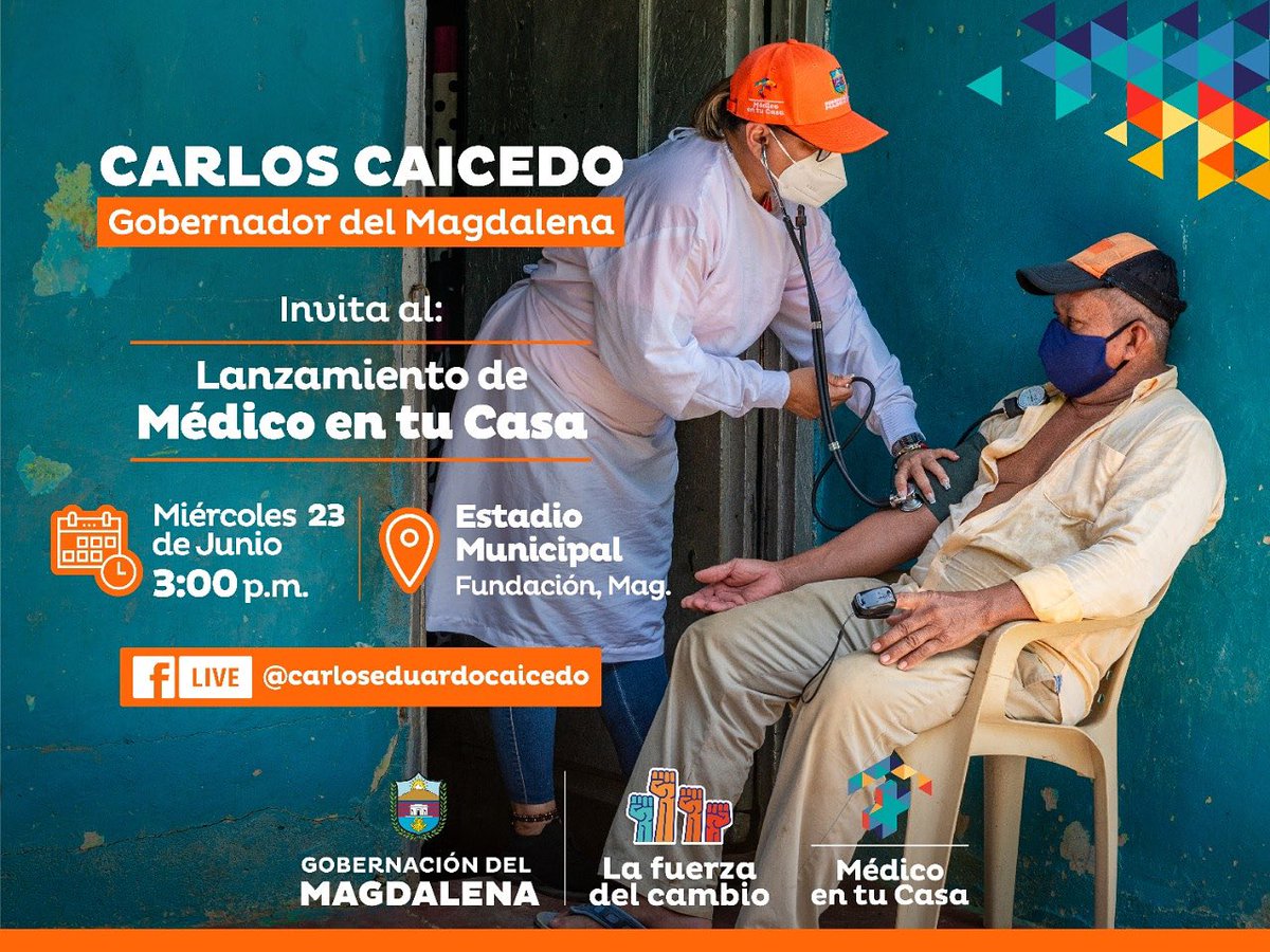 Desde *Fundación,* el gobernador *Carlos Caicedo* realizará el lanzamiento del programa #MédicoEnTuCasa, iniciativa que llevará atención médica a los hogares más vulnerables del Magdalena
🕒 3:00 pm 
📍 _Estadio municipal Fundación_
🖥 FacebookLive _*Carlos Eduardo Caicedo Omar*_