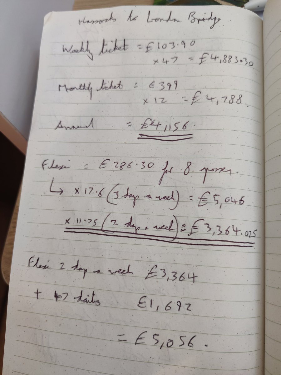 markking1974's tweet photo. @TLRailUK @WhichUK #thefutureisflexible #rail #flexifail Here are my calculation. Hassocks to Lon Bridge. Based on 47 wks (a year minus 5-wk holiday). Based on an annual ticket of £4,156, there is no flexi saving based on a 3-day commute. Going flexi actually costs £900 more! https://t.co/RNh0Dnz7oJ