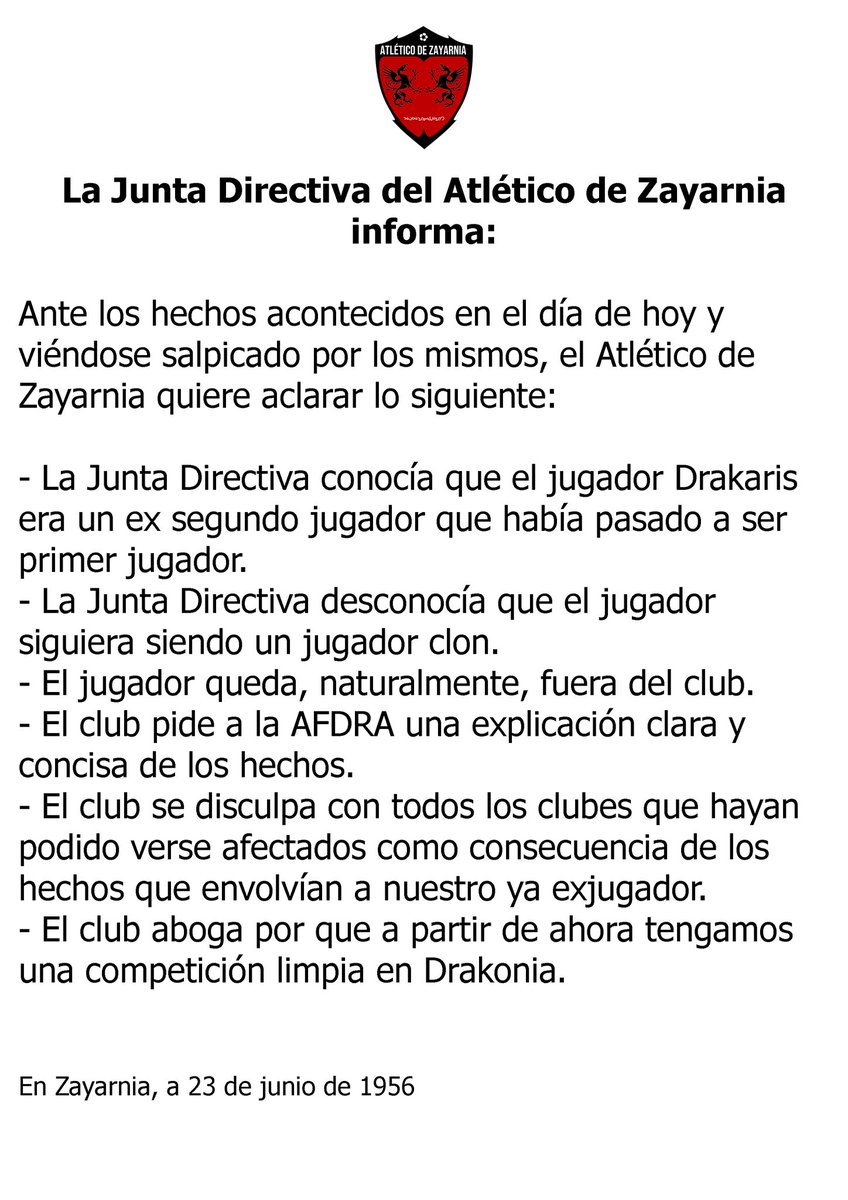 AtletiZayarnia's tweet photo. COMUNICADO OFICIAL - Drakaris https://t.co/n6XskIcM17