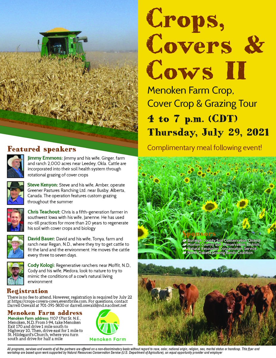 NDSUextBurleigh's tweet photo. CROPS, COVERS &amp; COWS II - Scheduled for Thursday, July 29th at Menoken Farms.  Check out the flyer below for details! https://t.co/uaL3KMb2uR