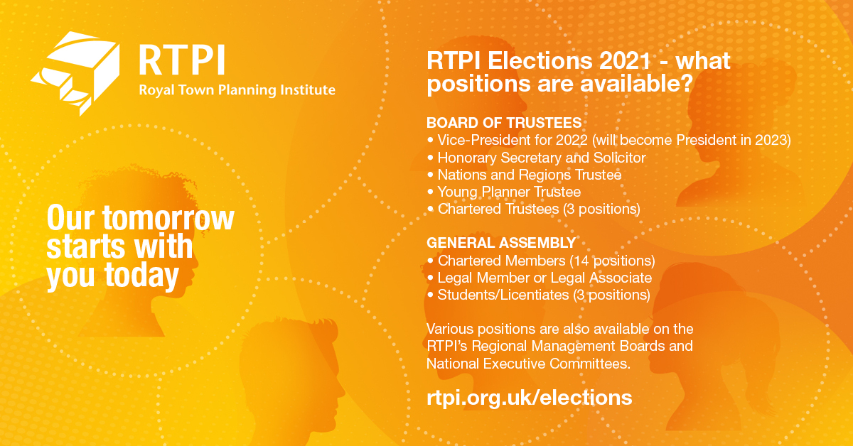 Nominations now open for RTPI Elections 2021 - range of positions available on Board of Trustees, General Assembly + more. We encourage all RTPI members to consider standing and to contribute to the big discussions and decisions that impact the profession rtpi.org.uk/news/2021/june…