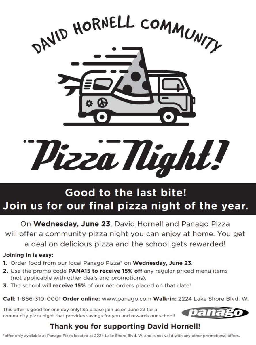 Good to the last bite! Join us tonight for our final community pizza night.

Thanks to <a href="/Panago_Pizza/">Panago_Pizza</a> and our David Hornell community for supporting the school this year!

<a href="/dhornelltweets/">David Hornell PS</a>