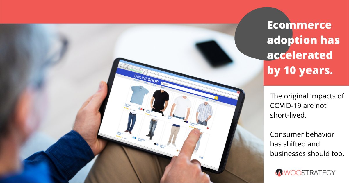 WooStrategy's tweet photo. In a recent study, #McKinsey found that e-commerce adoption has increased and consumer behavior has changed; in fact, 60% of companies across different sectors experienced new buying behaviors over the past year. How are you preparing for this shift? 🤔 #WooStrategy #ecommerce https://t.co/7U7y9Fb01U