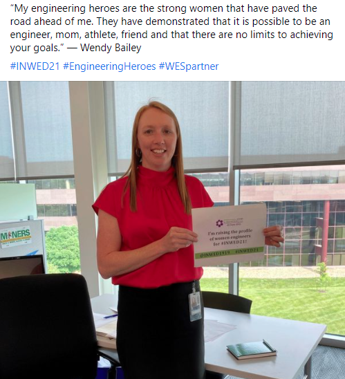 BurnsMcDonnell's tweet image. “My engineering heroes are the strong women that have paved the road ahead of me. They have demonstrated that it is possible to be an engineer, mom, athlete, friend and that there are no limits to achieving your goals.” — Wendy Bailey  #INWED21 #EngineeringHeroes #WESpartner