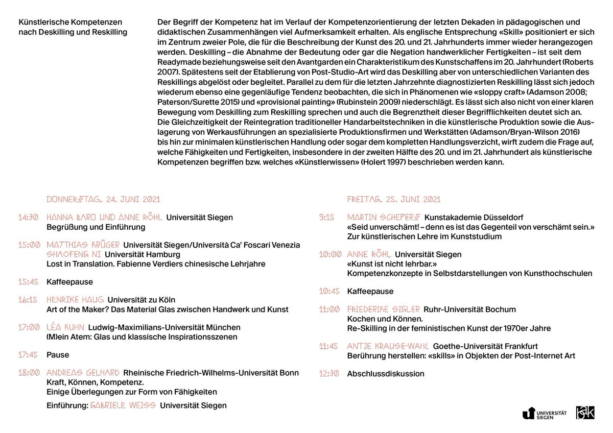 Morgen und Freitag, via zoom: #künstlerische #kompetenzen nach #deskilling und #reskilling Anmeldungen sind noch möglich! <a href="/UniSiegen/">Universität Siegen</a>