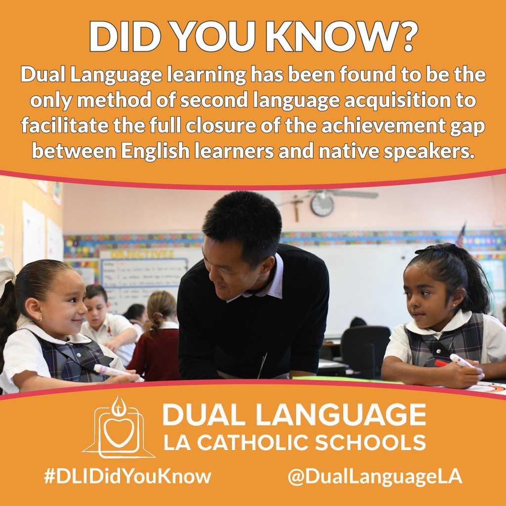 DualLanguageLA's tweet image. Dual Language learning has been found to be the only method of second language acquisition to facilitate the full closure of the achievement gap between English learners and native speakers.

 #DLIDidYouKnow
#DualLanguageImmersion
