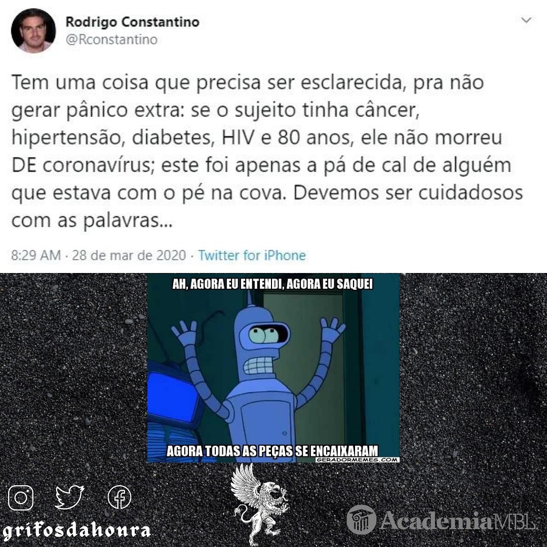 Entenderam? 🤔

#grifosdahonra #politica #memes #bolsonaro #bolsopetismo #gabineteparalelo #ministeriodasaude #covidmata #coronavirusbrazil #covid_19 #constantino #gado